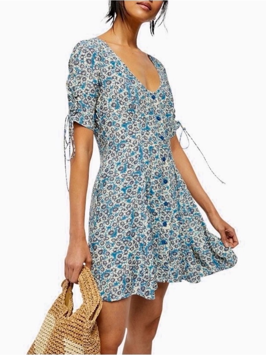 Like New Free People All Laced Up Mini Dress Blue/Ivory Floral Daisy Print